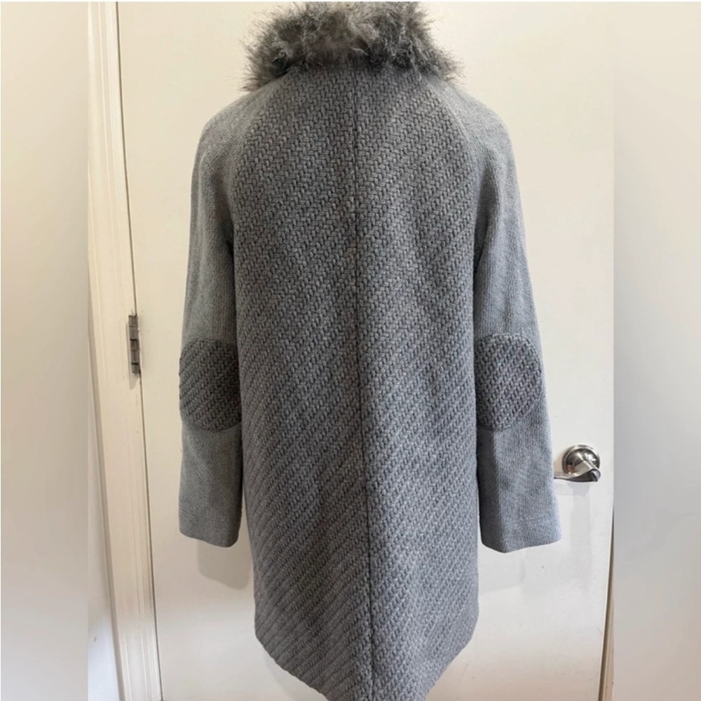 Promod Gray Textured Coat with Faux Fur Collar - Picture 7 of 9